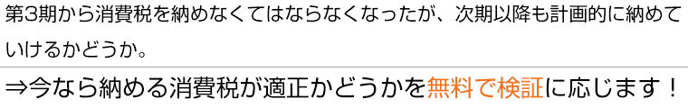 第3期から消費税を納めなくてはならなくなったが、次期以降も計画的に納めていけるかどうか今なら納める消費税が適正かどうかを無料で検証に応じます！
